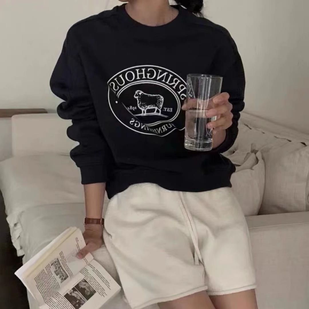 Embroidered Lamb Round Neck Long Sleeve Fleece Pullover view 15