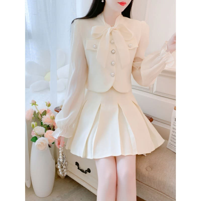 Two-piece Suit Skirt Classic Style Bowknot Shirt High Waist Skirt For Women view 5
