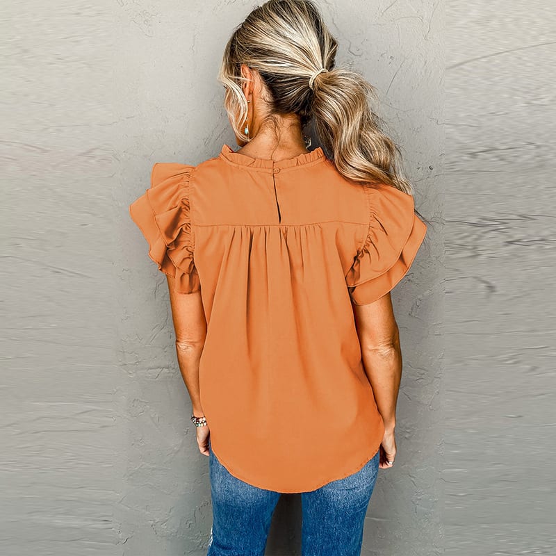 Fashion Pleated Stand Collar Pullover Leisure Pure Color Ruffles Three Quarter Sleeve view 11