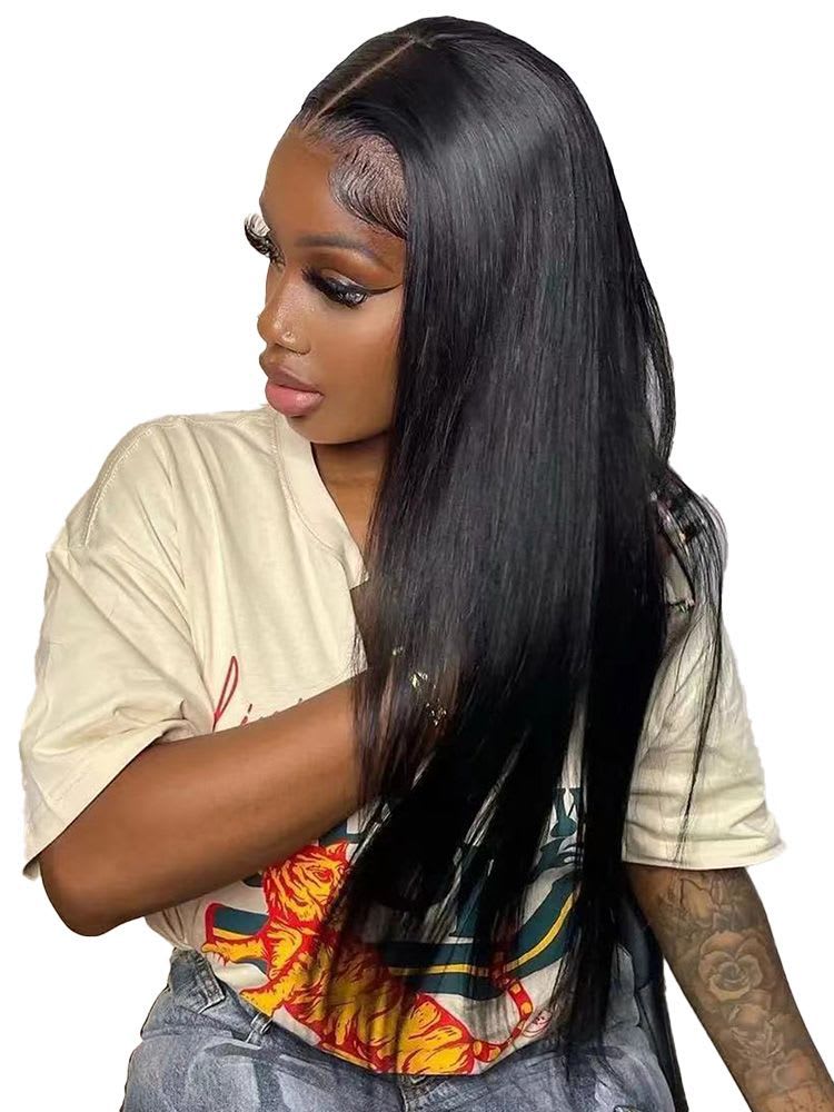 Black Medium Long Straight Hair Chemical Fiber T-shaped Front Lace Wig view 3