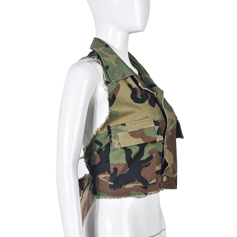 Personalized Trendy Backless Halter Lace-up Camouflage Top view 8