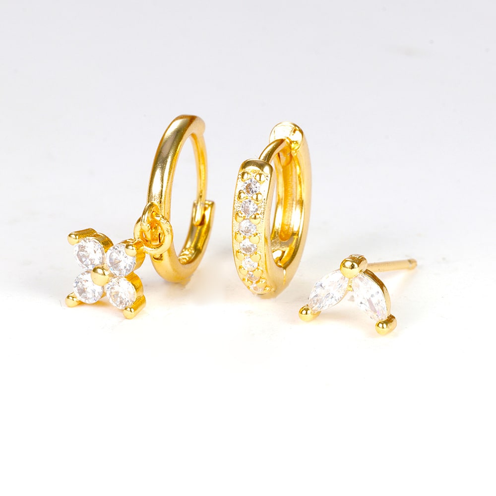 Flower Studded Diamond Stacked Earring Set view 6