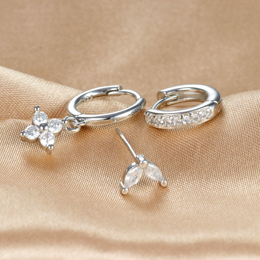 Flower Studded Diamond Stacked Earring Set view 2