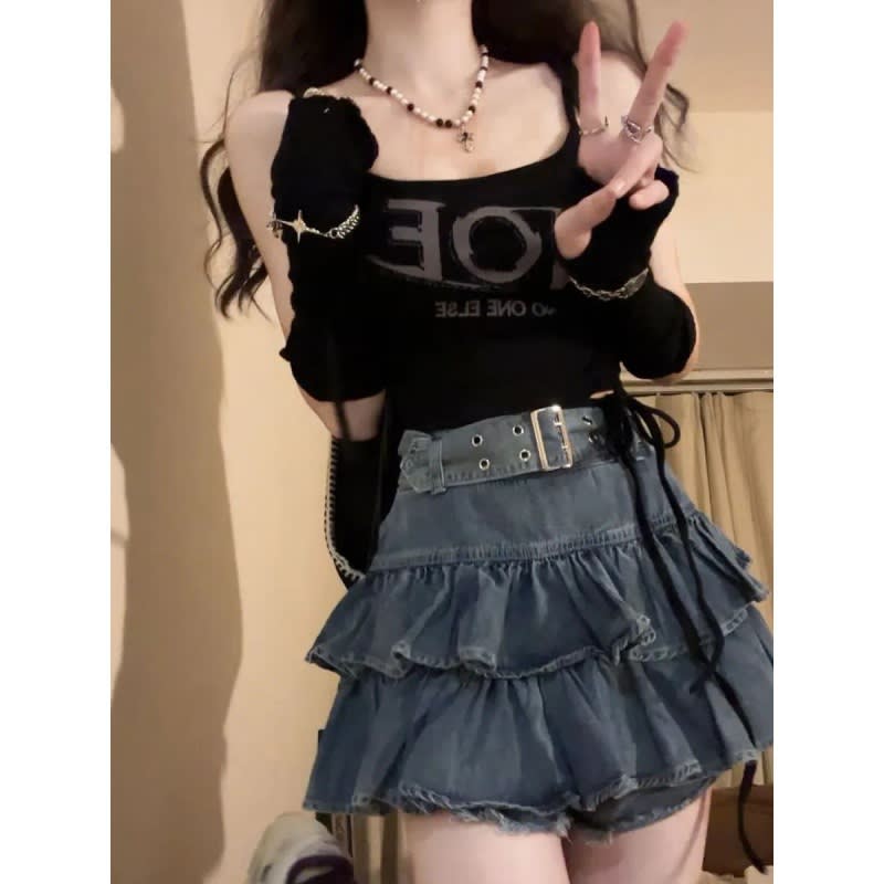 Fashion Suit Lotus Leaf Border Light Denim Skirt Letter Cutout Sling view 6