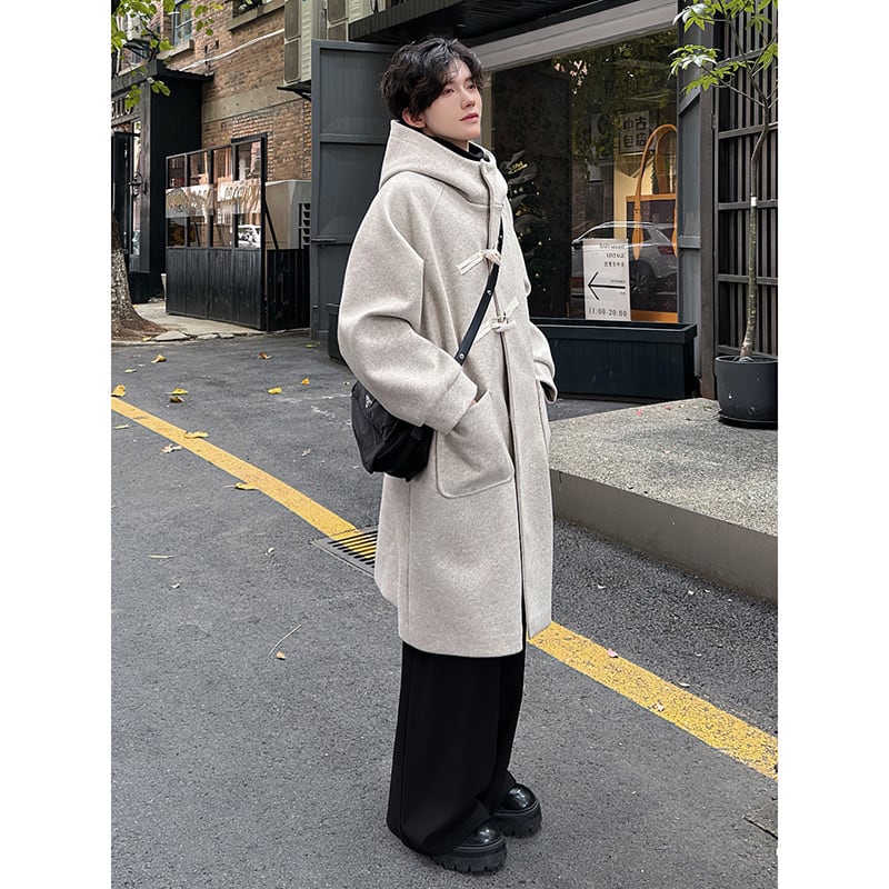 High-grade Woolen Horn Button Hooded Coat Mid-length view 2