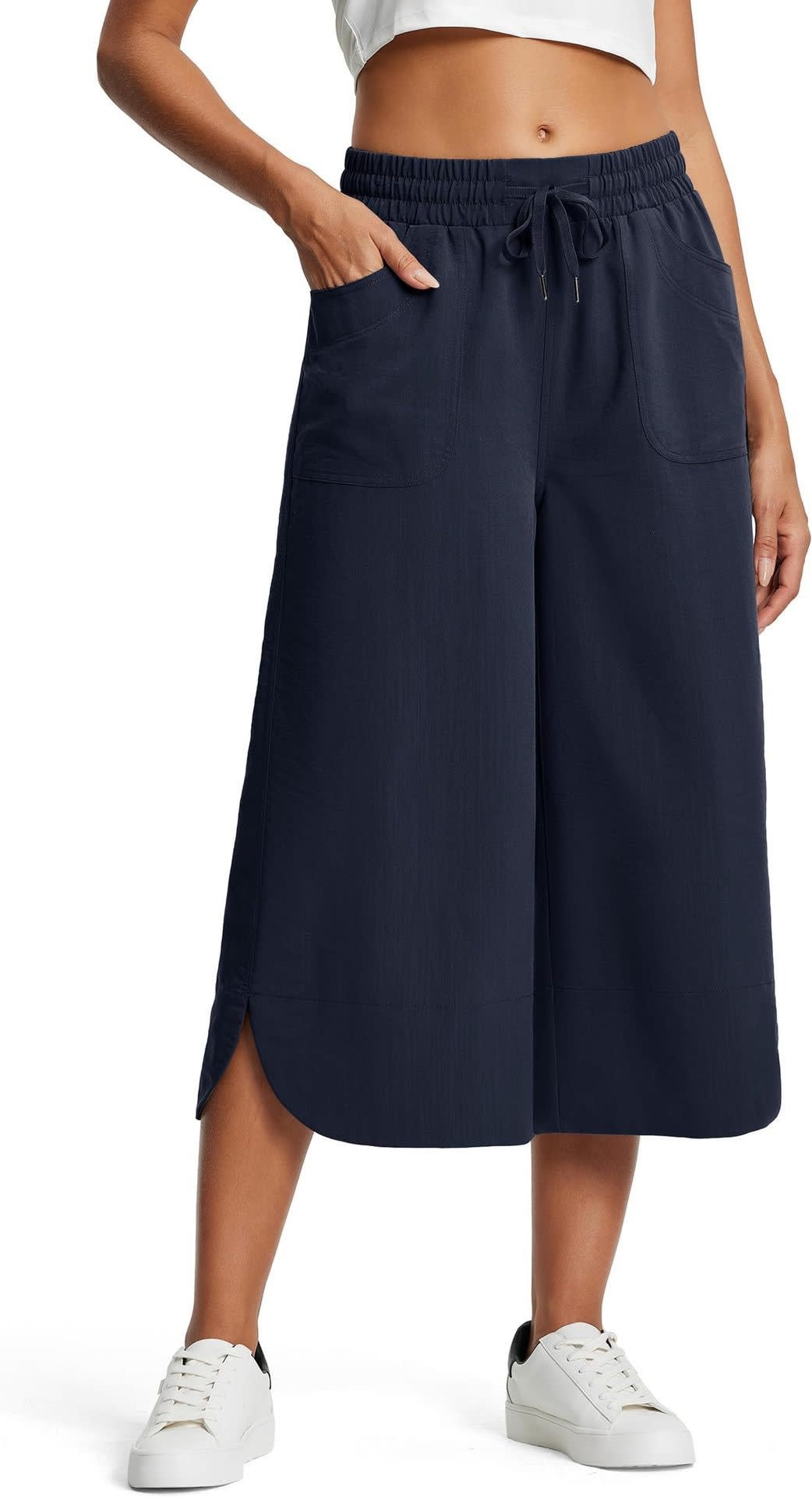 Summer Elastic Waist Solid Color Wide Leg Loose Casual Cropped Pants For Women