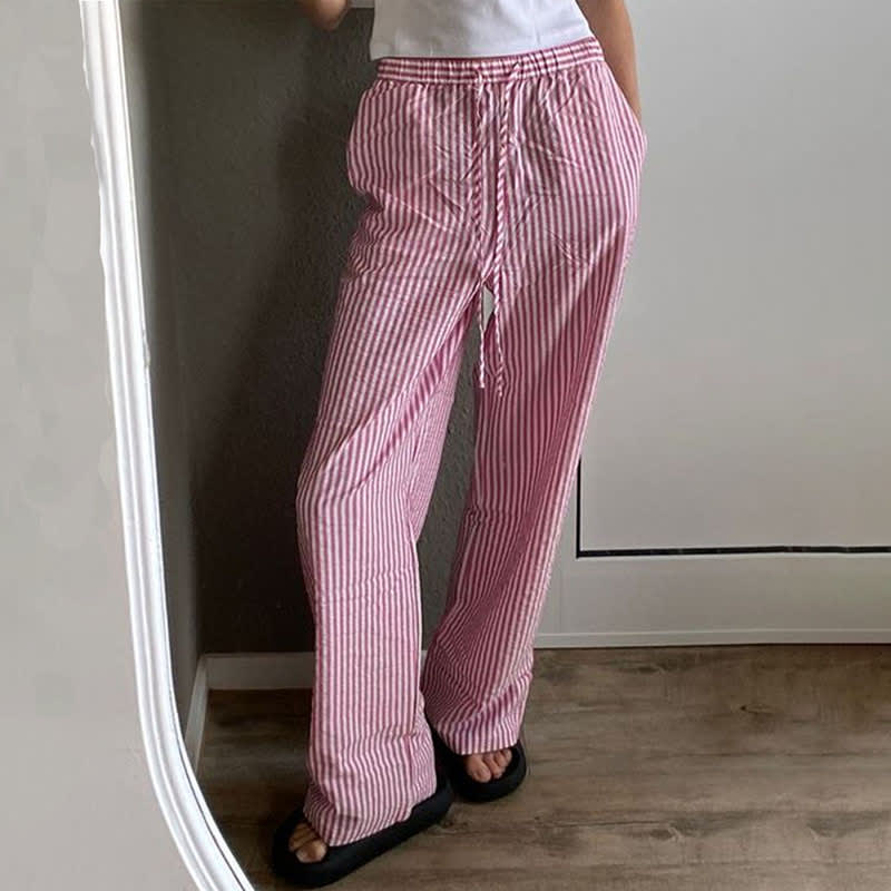 Striped Printed Elastic Waist Drawstring Pocket Straight Casual Trousers view 18