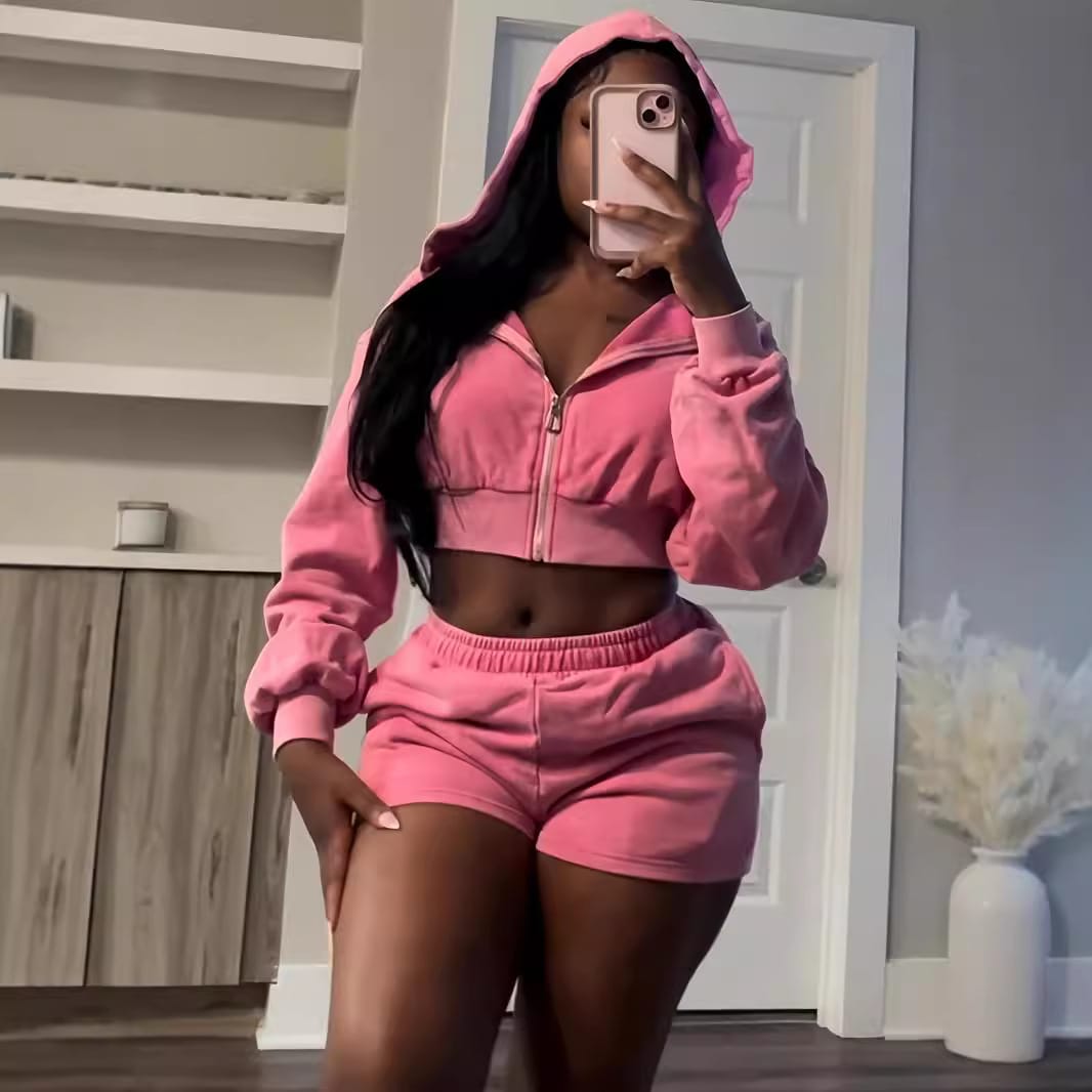 Autumn And Winter Zipper Hooded Long Sleeve Shorts Sweater Suit view 3