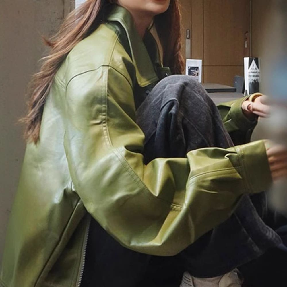 Turn-down Collar Green Leather Fashionable Jacket view 4
