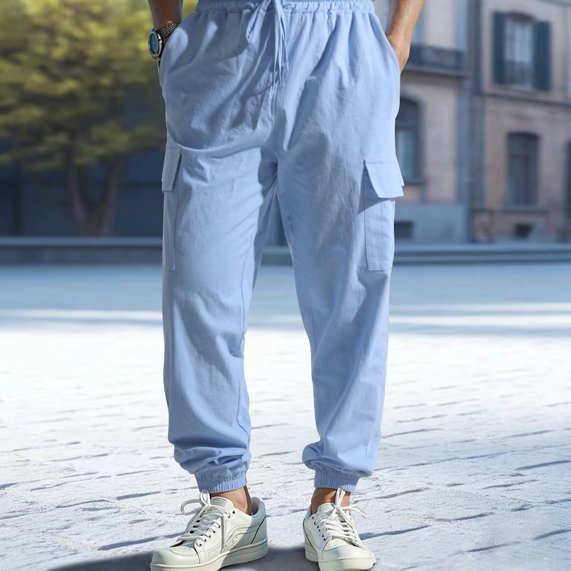 Men's Casual Multi-pocket Pants Cotton And Linen Straight Ankle Tied view 3
