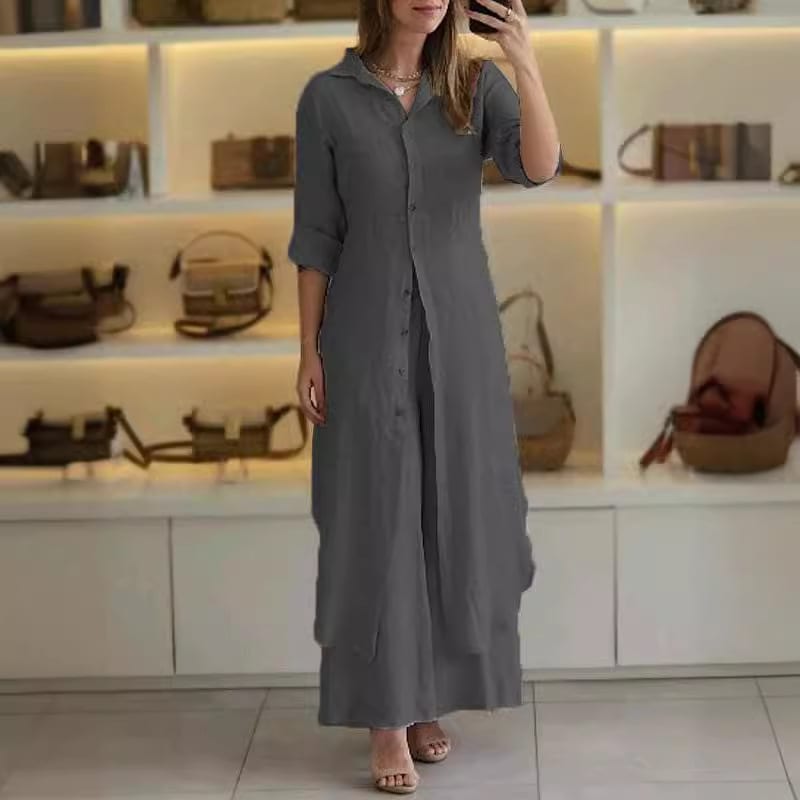 Urban Elegant Cotton And Linen Slim-fit Waist-tight Long Shirt Wide-leg Pants Suit view 7