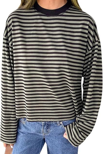 Casual Loose All-match Retro Contrast Color Striped Long-sleeved Top view 12