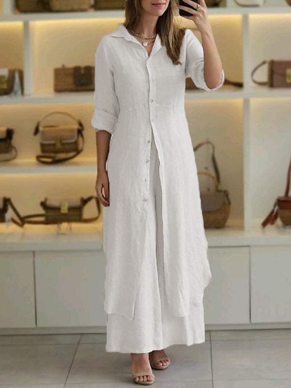 Urban Elegant Cotton And Linen Slim-fit Waist-tight Long Shirt Wide-leg Pants Suit view 12