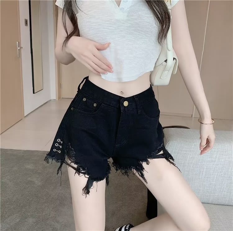 Micro Elastic High Waist Slimming Holes Frayed Vintage Denim Shorts view 2