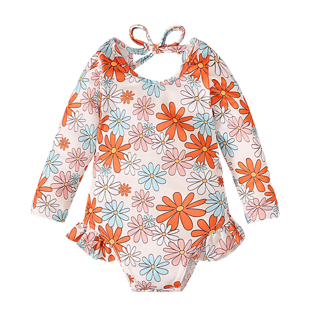 Girl's Pattern Graphic Print Crew Neck Open Back Swimsuit view 25