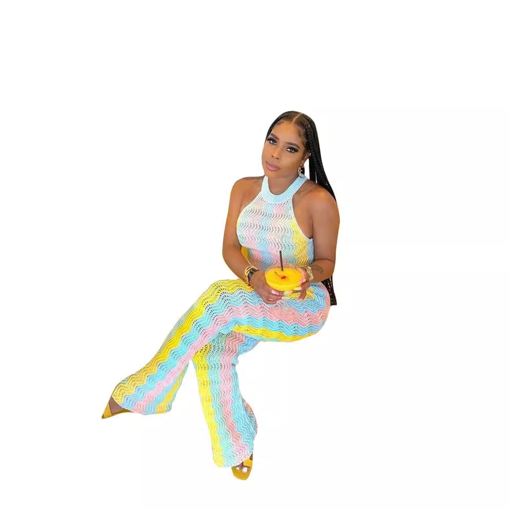 European And American Sleeveless Knitted Bell-bottom Pants Suit view 1