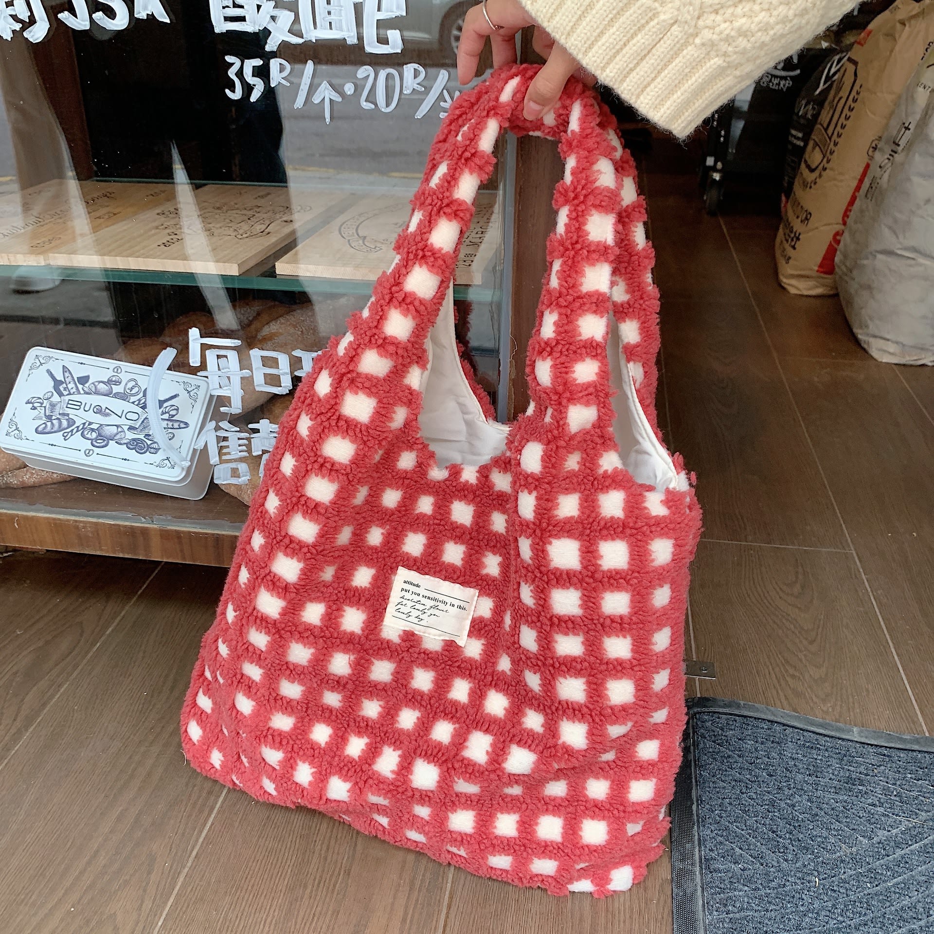Waffle Flannel Bag Tote Bag Large Capacity Commute Minimalist Student Class Bag view 20