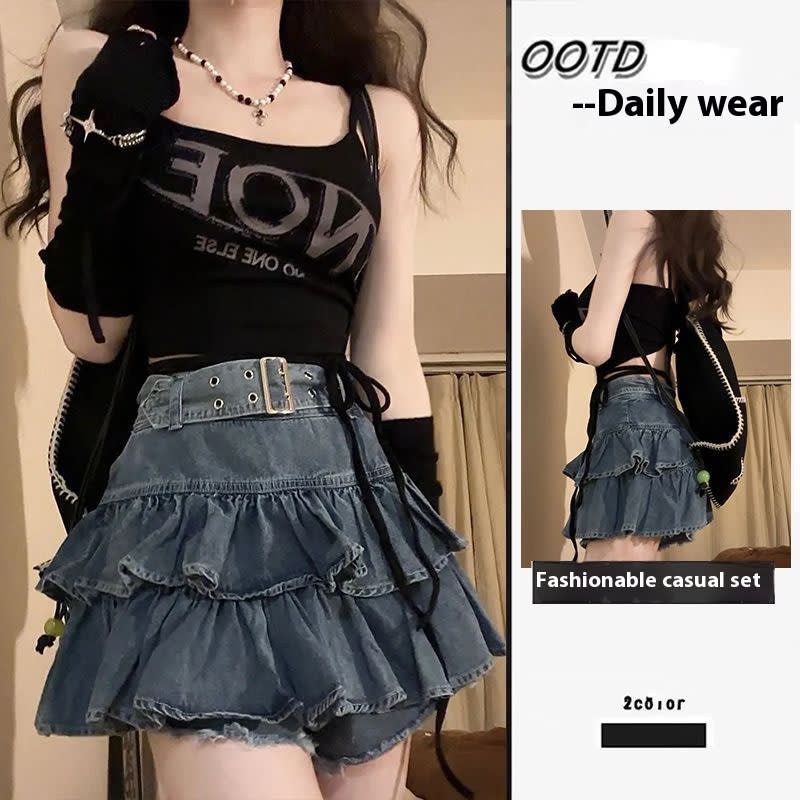Fashion Suit Lotus Leaf Border Light Denim Skirt Letter Cutout Sling view 11
