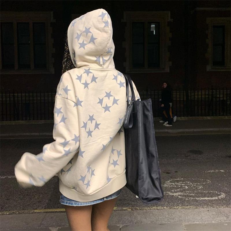 Stars Printed Zipper Hooded Cardigan Couple Fashion Outerwear Hoodies Sweatshirt Street Men Women Coat view 8