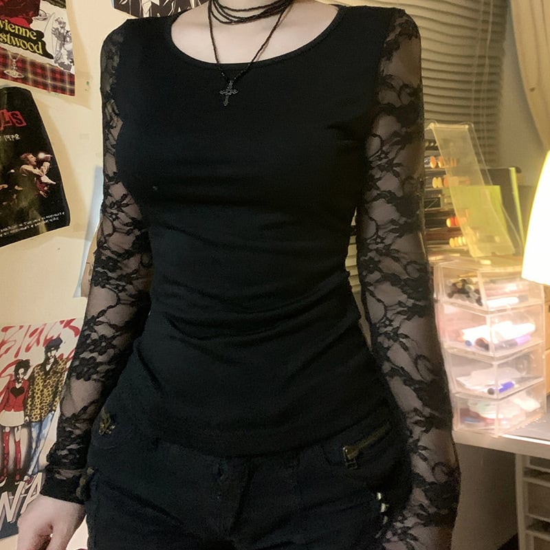 European And American Style Lace Stitching Sexy See-through Backless Short Top Round Neck Slim Fit Versatile Slimming