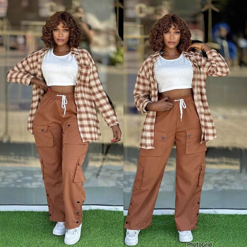Women's Fashion Casual Simple Plaid Shirt Multi-pocket Cargo Pants Plus Size Three-piece Suit view 4