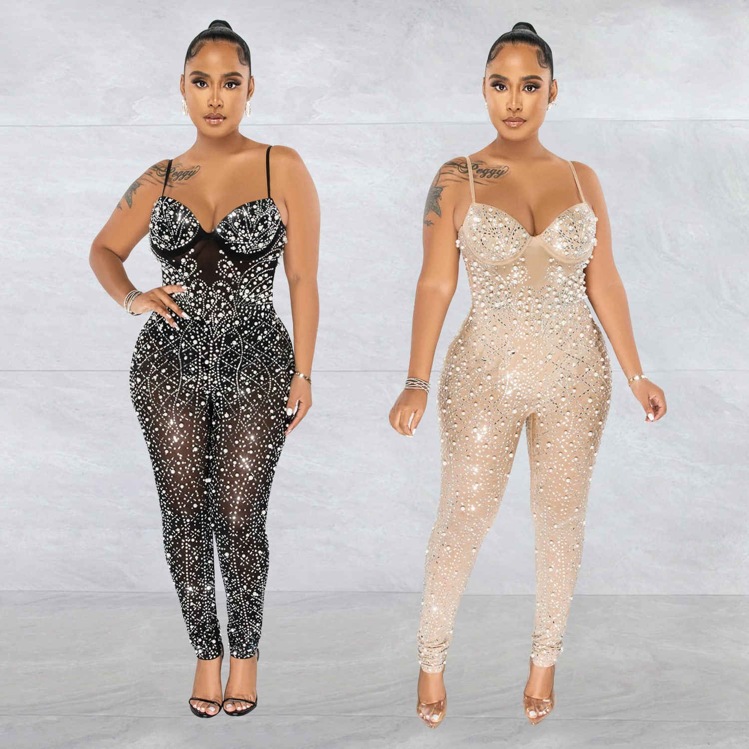 Women's Pure Color Mesh Rhinestone Sleeveless Trousers Jumpsuit view 12