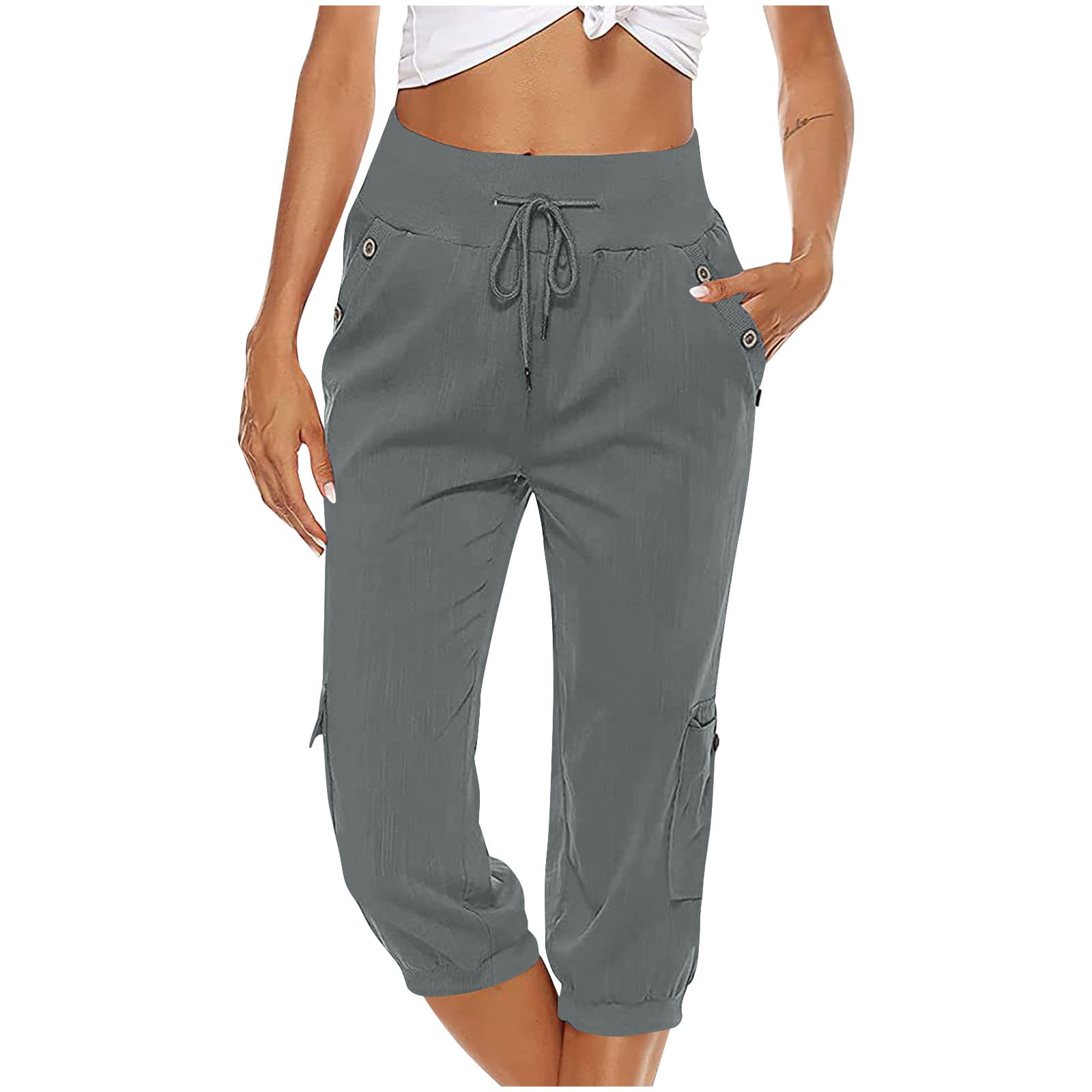 European And American Ladies Solid Color Drawstring Loose Leisure Workwear Wide Leg Straight Cropped Pants view 24