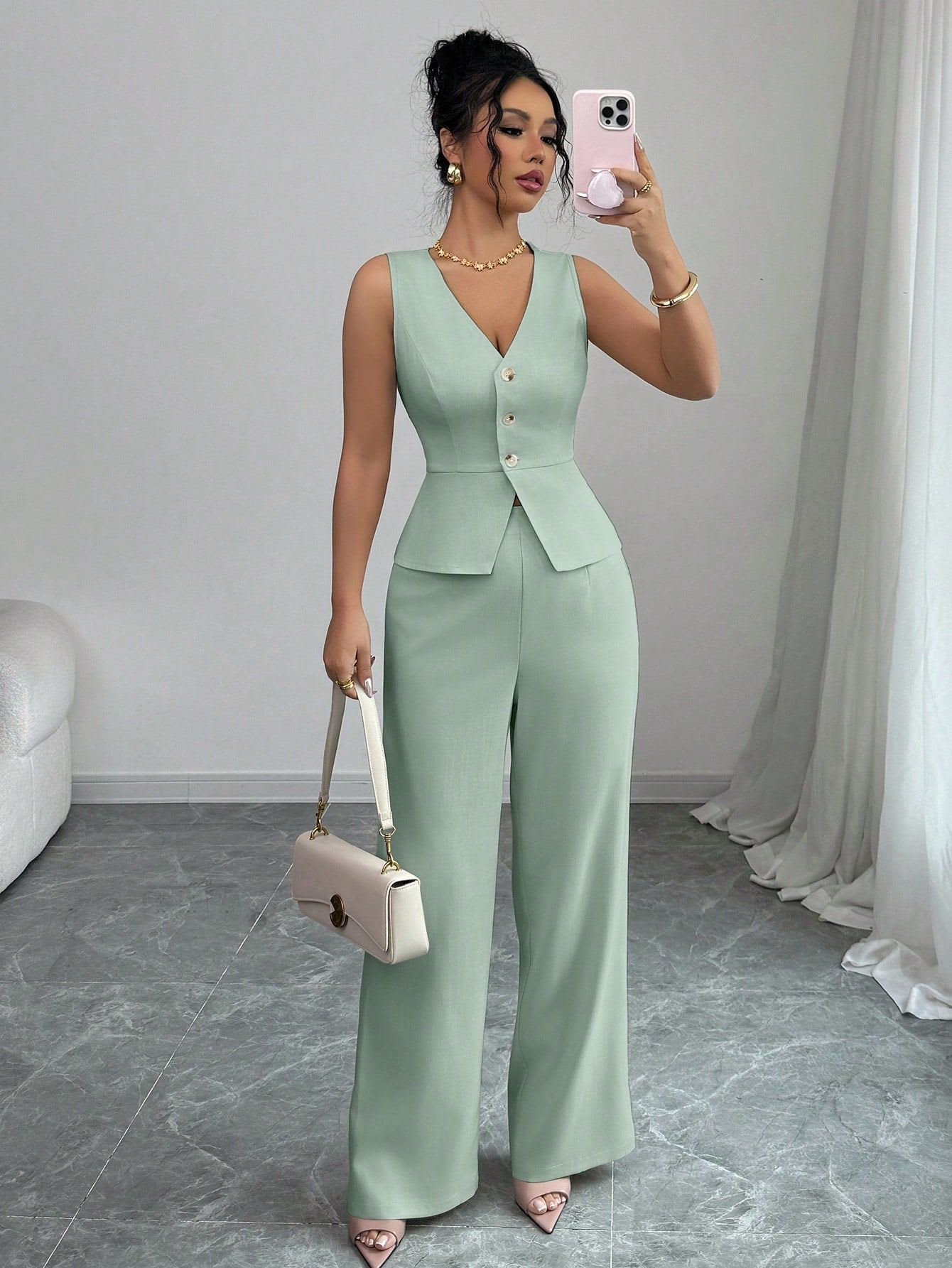 Summer Sleeveless Suit Slim V-neck Vest And High Waist Trousers Women's Two-piece Set view 14