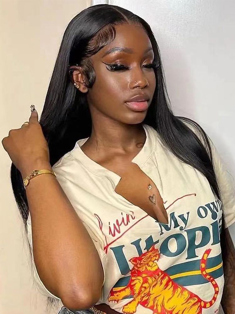 Black Medium Long Straight Hair Chemical Fiber T-shaped Front Lace Wig view 6