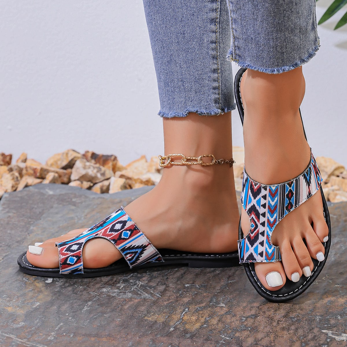 Plus Size Printed Ethnic Style Casual Toe Covering Flip-flops view 15