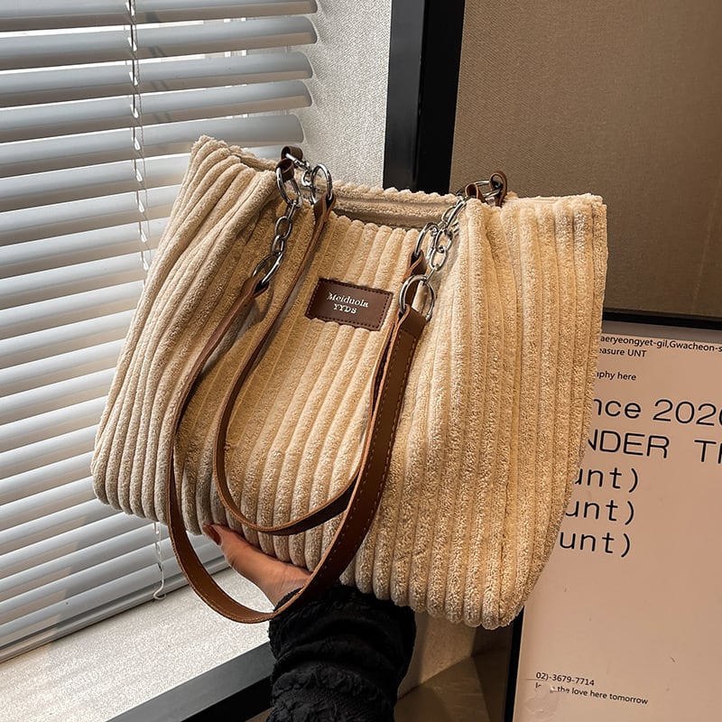 Retro Large Capacity Shoulder Bag Casual Simple Portable Shopper Tote Bag Corduroy Solid Commuter Zipper Women's Handbag view 1