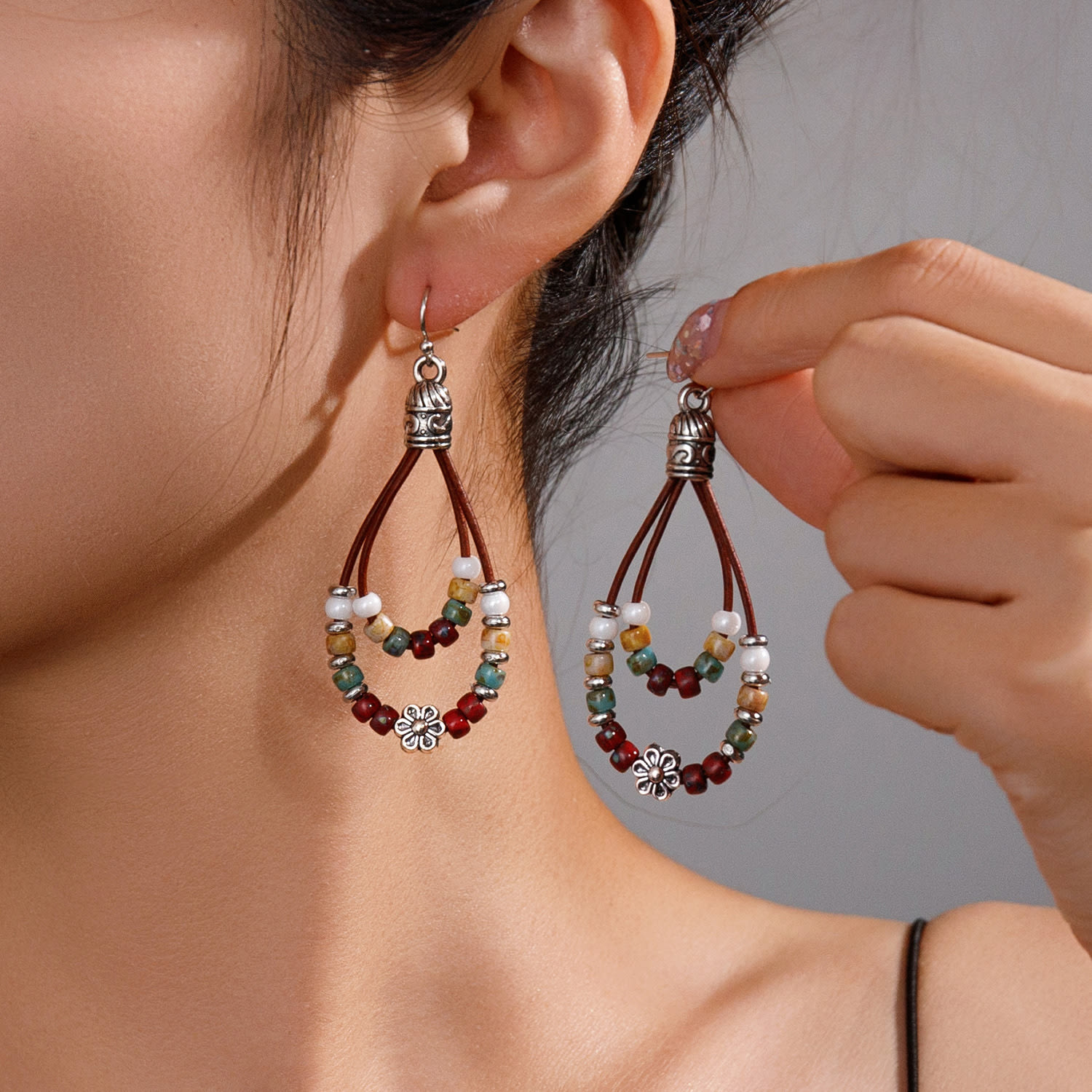 Vintage Earrings Ethnic Style Antique Silver Flower Turquoise Rope Pendant Women's Jewelry view 5