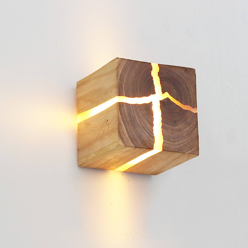 Creative Corridor Square Solid Wood Wall Bedside Lamp view 2
