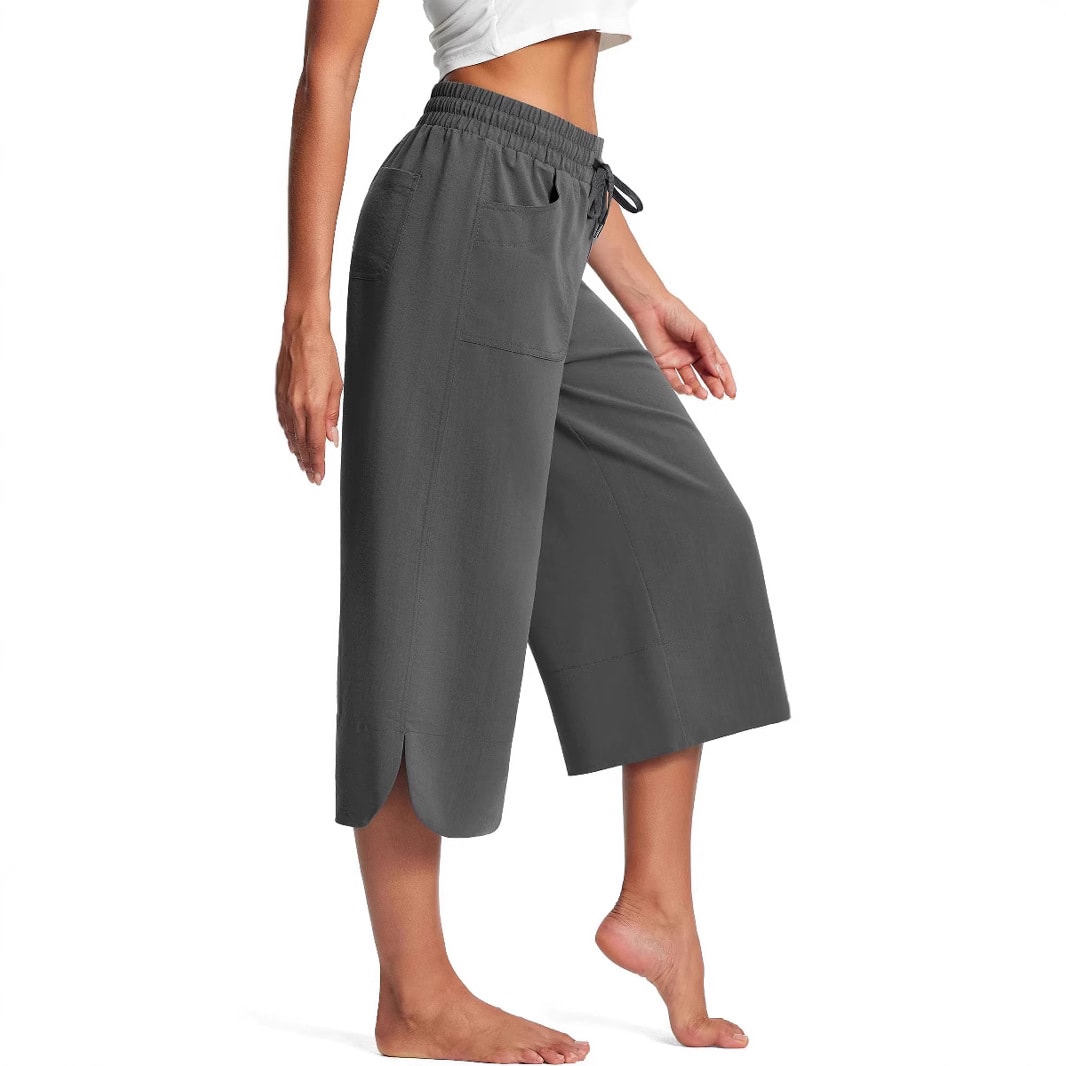 Summer Elastic Waist Solid Color Wide Leg Loose Casual Cropped Pants For Women view 4