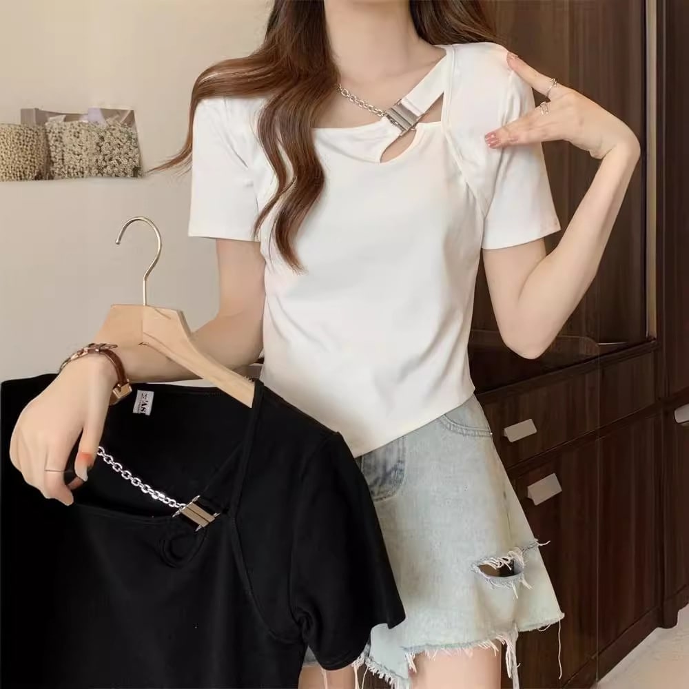 Slim Fit And Thin Cover Belly Hot Girl Irregular Short-sleeved T-shirt For Women view 7