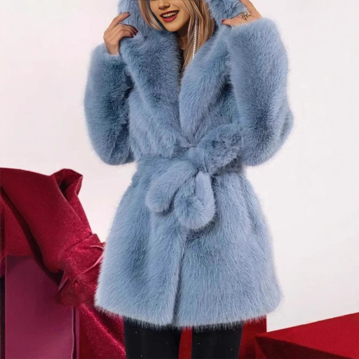 Autumn And Winter Elegant Hooded Strap Faux Fur Coat Women view 6