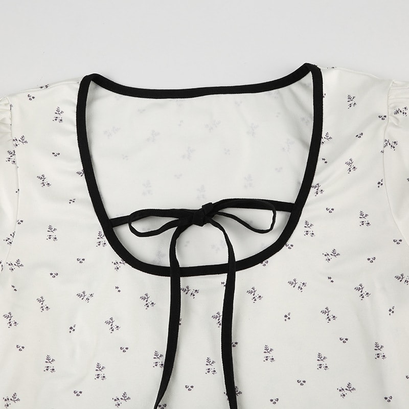 Floral Print Lace-up Hemming Puff Short Sleeve Knitted Top view 7