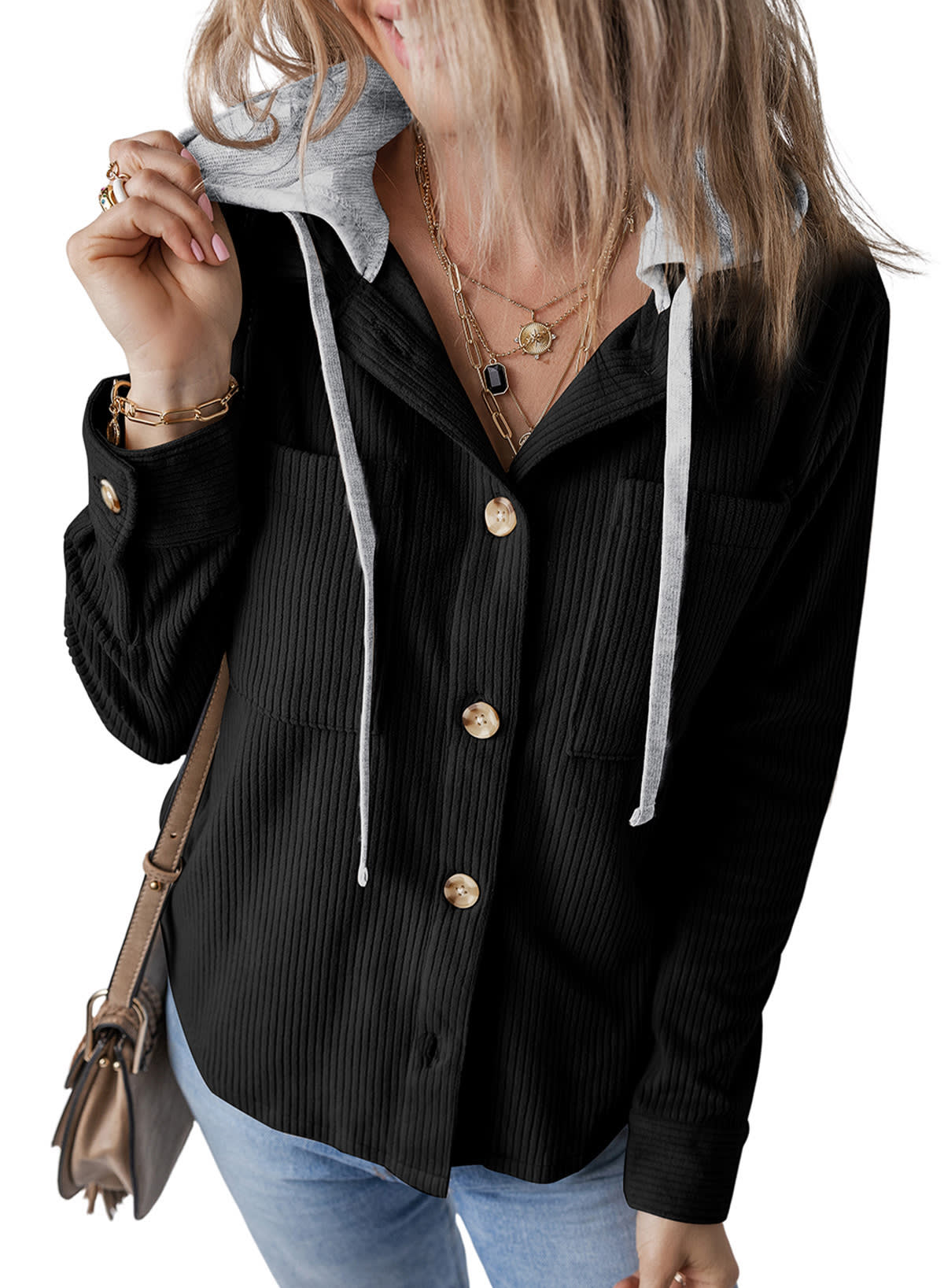 Lapel Buckle Cardigan Pouch Hooded Drawstring Striped Coat view 12