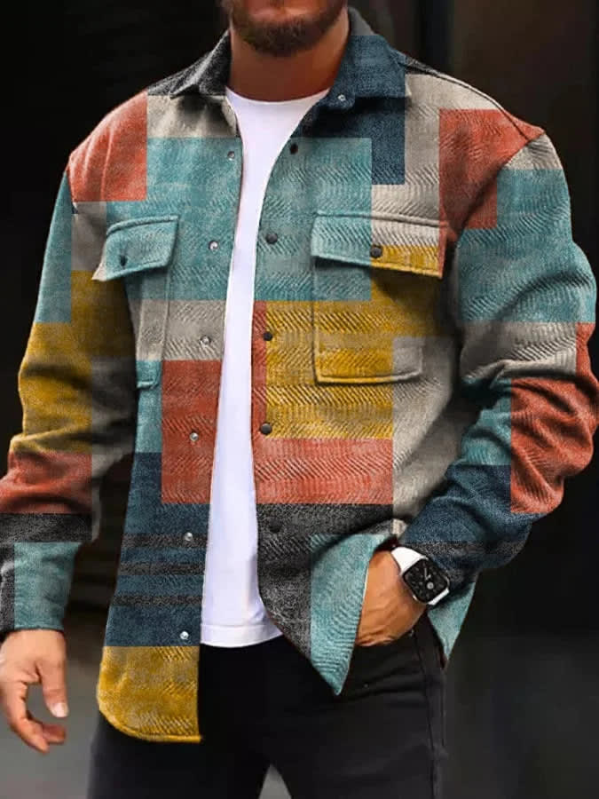 Printing Lapel Men's Jacket Single-breasted Plaid Top view 28