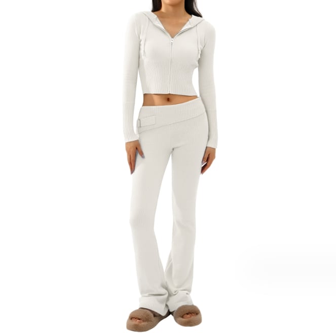 Style Cross-border Knitted Hooded Suits Fashion Sexy High Waist Long Sleeves Trousers Two-piece Set view 2