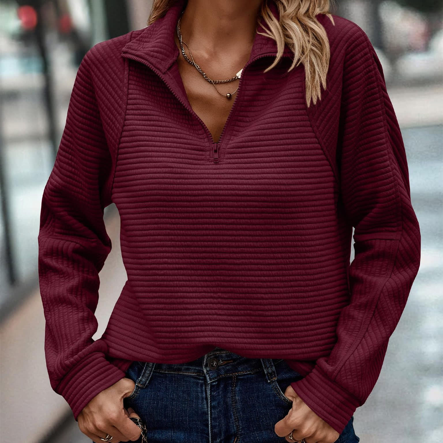 Zipper Stand Collar Pullover Sweatshirt Fashion Solid Striped Long Sleeve Top Spring And Autumn Women's Clothing view 8