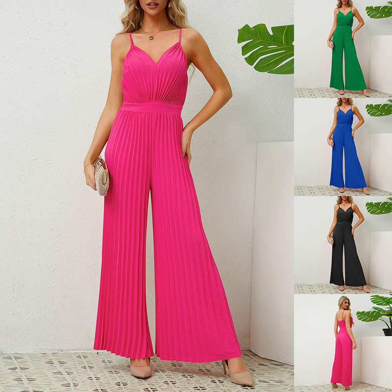 V-neck Suspender Pleated Jumpsuit Solid Color Loose Straight Pants Womens Clothing view 9