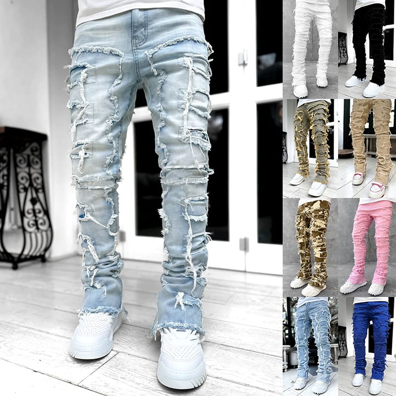 Ins Fringes Ripped Trousers Individual Patched Pants Long Tight Fit Stacked Jeans For Mens Clothing view 6