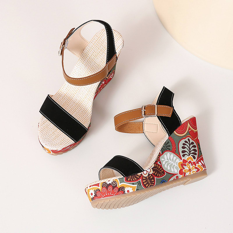 Fashion Flowers Embroidered High Wedge Sandals For Women Summer Toe Platform Buckle Shoes view 1