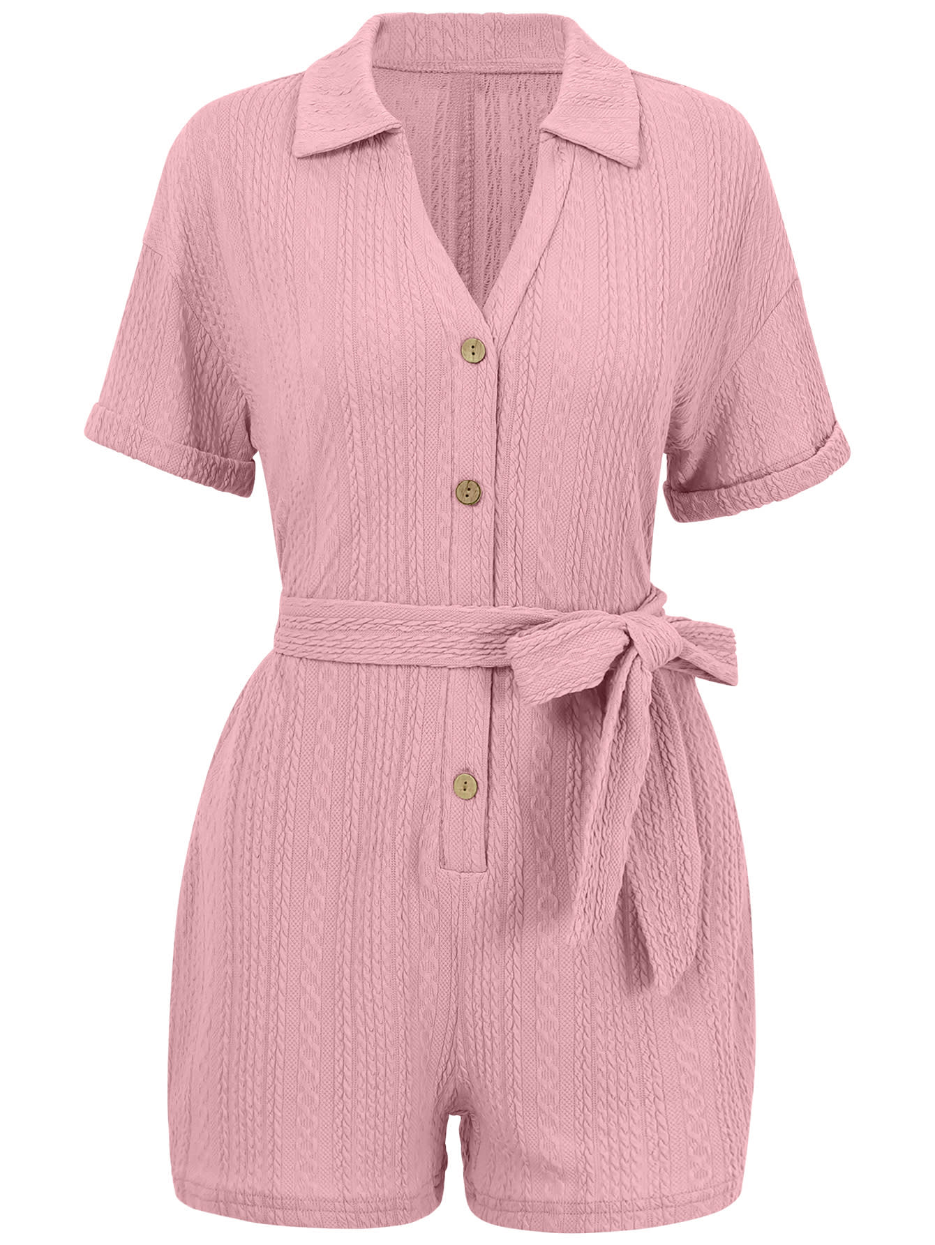 Women's Short-sleeved Shorts Jumpsuit Lace-up Turn-down Collar Solid Color Clothing Summer view 7