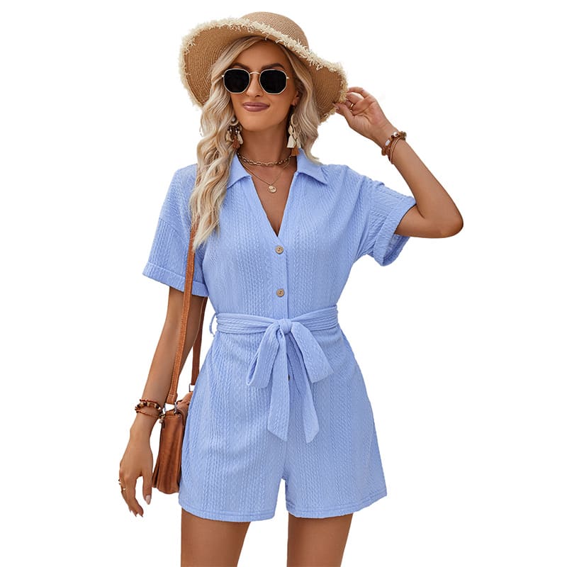 Women's Short-sleeved Shorts Jumpsuit Lace-up Turn-down Collar Solid Color Clothing Summer view 5