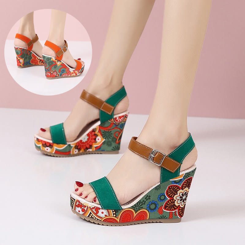 Fashion Flowers Embroidered High Wedge Sandals For Women Summer Toe Platform Buckle Shoes view 4
