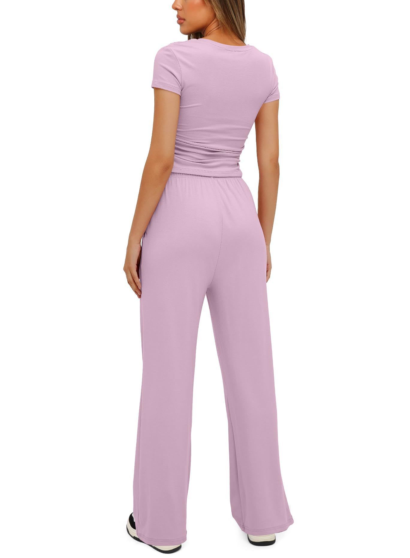 2pcs Solid Color Casual Sports Yoga Suit Short-sleeved Top And High-waisted Drawstring Wide-leg Pants Summer Fashion Set For Womens Clothing view 11