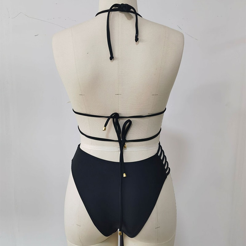 Two-piece Halter Neck Bikini Leopard Print Cutout Strap Swimsuit Set Summer Beach Womens Clothing view 3