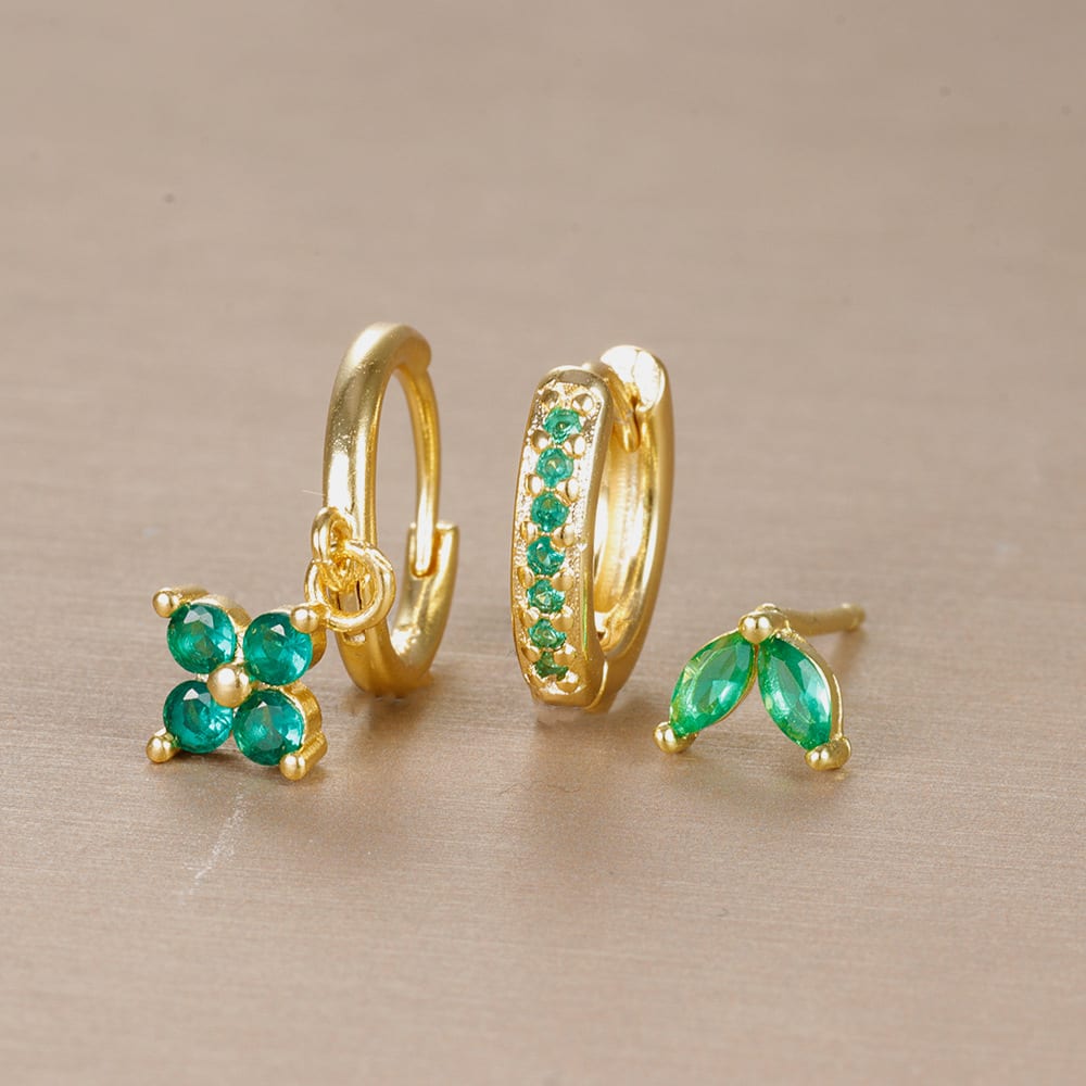Flower Studded Diamond Stacked Earring Set view 21